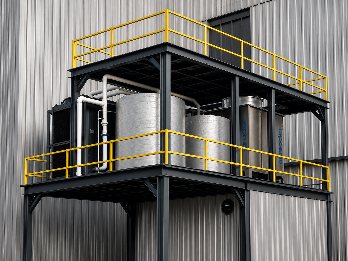 Estructura metálica tipo mezanine con barandas amarillas y tanques de proceso