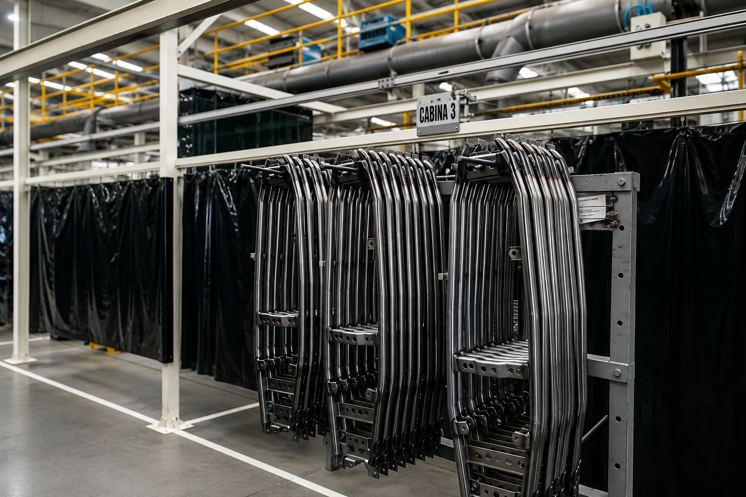 Estación industrial con rack de estructuras metálicas tubulares junto a cabinas de proceso